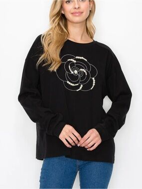 Black Long-Sleeve Embellished Floral Sweatshirt - Women by joh